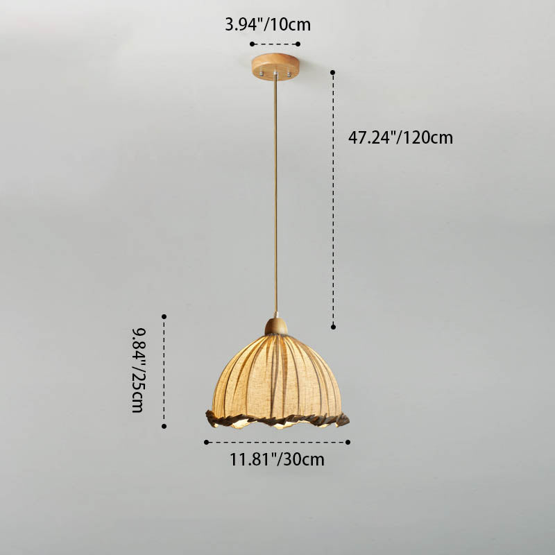 Traditional Rustic Half Round Rubber Wood Linen 1-Light Pendant Light For Living Room