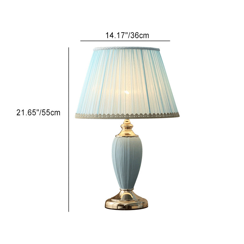 Traditional European Pleated Fabric Shade Ceramic Column Base 1-Light Table Lamp For Bedroom