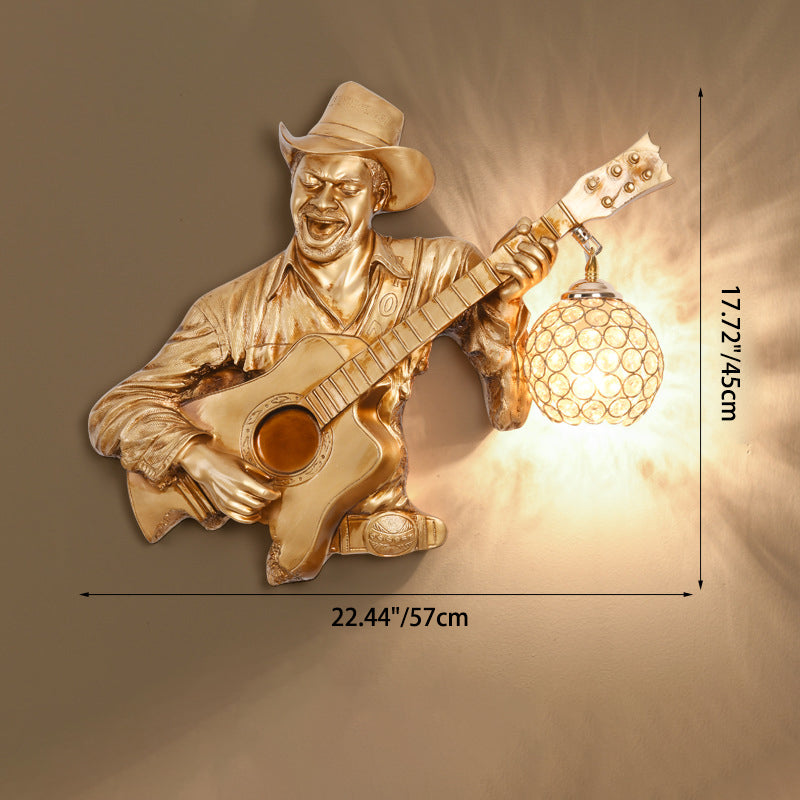 Contemporary Creative Guitar Player Resin Crystal 1-Light Wall Sconce Lamp For Entertainment Room