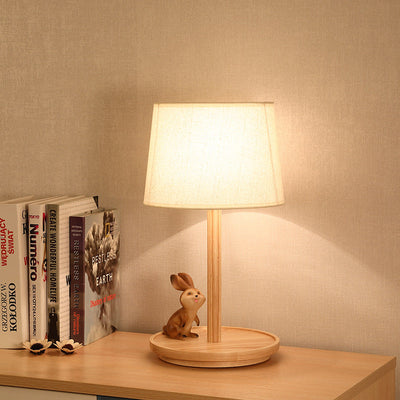 Modern Minimalist Cone Fabric Wood Base 1-Light Table Lamp For Study