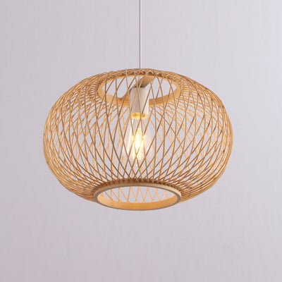 Traditional Japanese Weaving Bamboo Iron Ball Lantern 1-Light Pendant Light For Dining Room