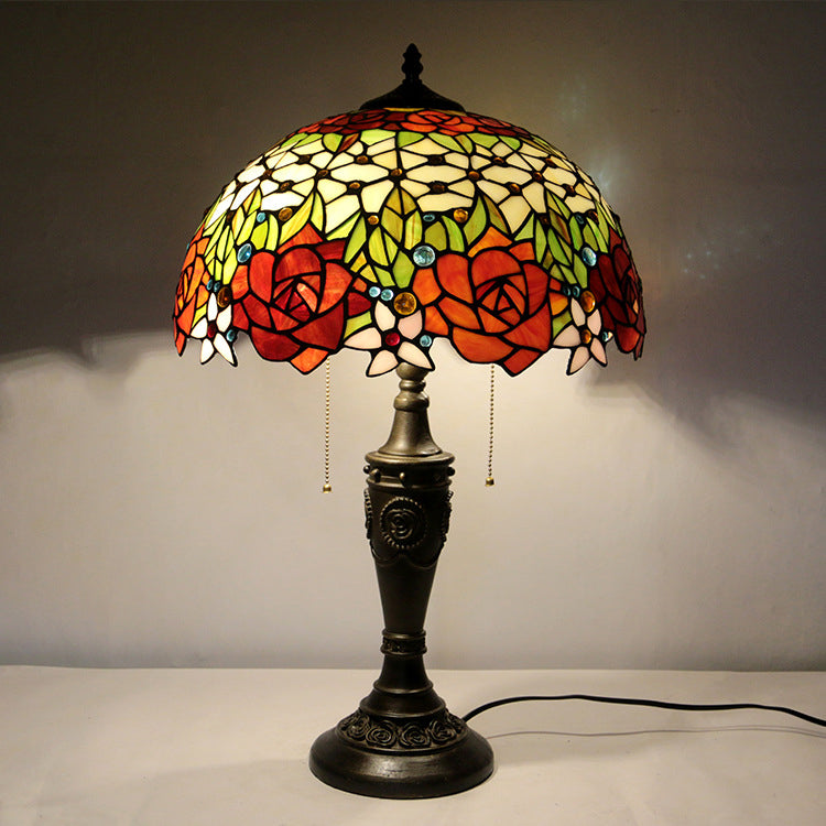 Traditional Tiffany Half Ball Rose Resin Stained Glass 2-Light Table Lamp For Bedroom