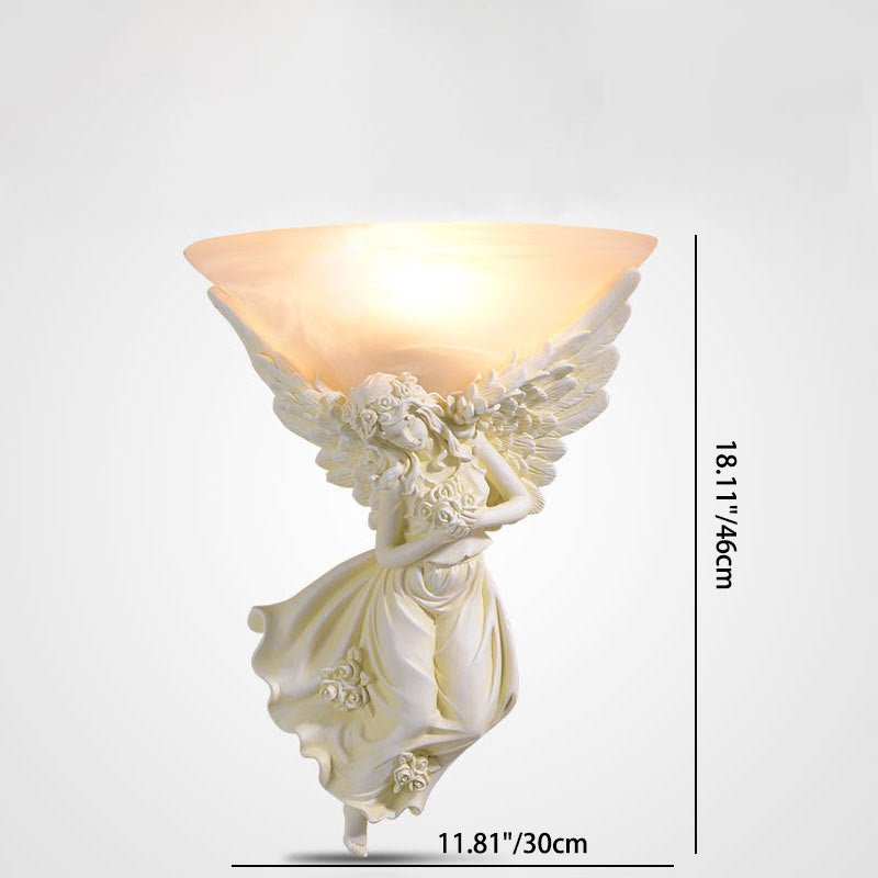 Traditional European Resin Angel Wing Glass Cup Shade 1-Light Wall Sconce Lamp For Living Room