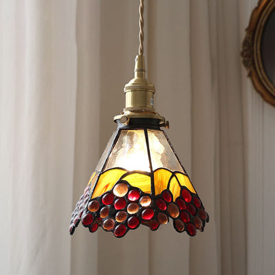 Traditional Vintage Brass Glass Flower Colored Grapes 1-Light Pendant Light For Dining Room