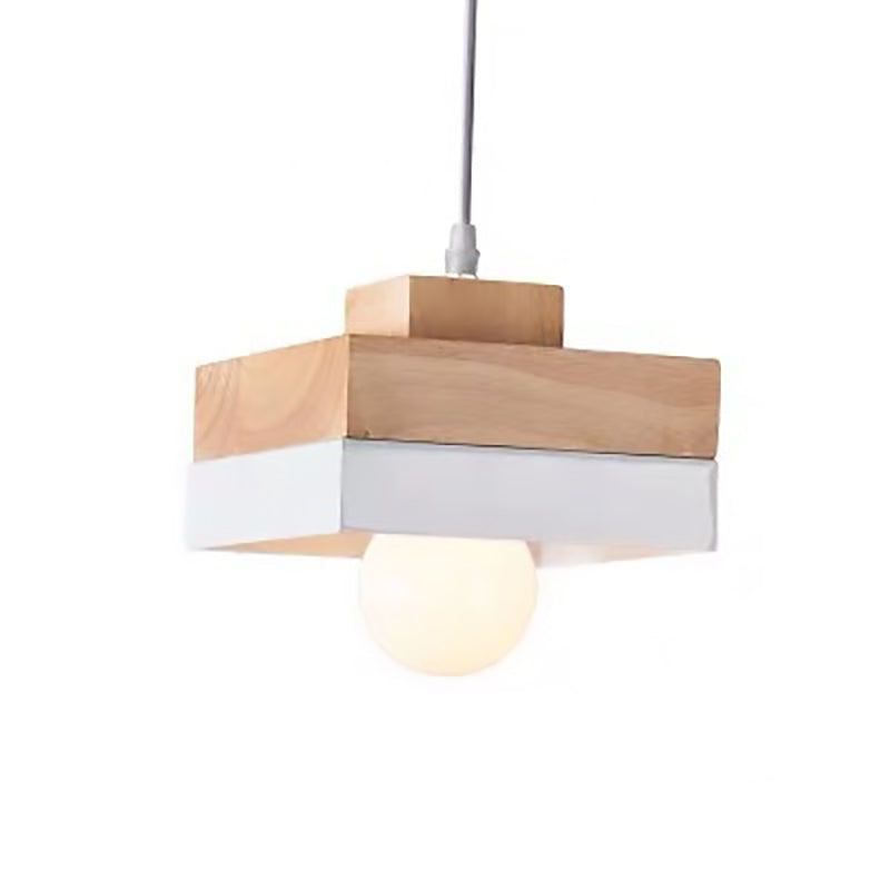 Modern Minimalist Macaron Square Iron Wood 1-Light Pendant Light For Living Room