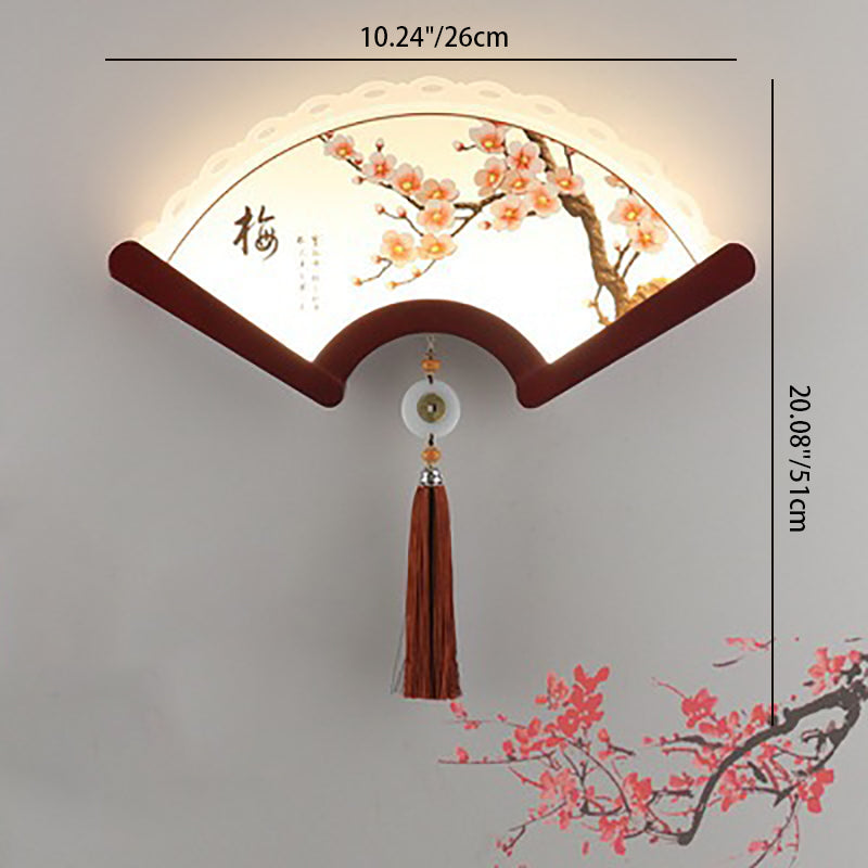 Traditional Chinese Scalloped Acrylic Plant Elements Shade Wooden Edge LED Wall Sconce Lamp For Living Room