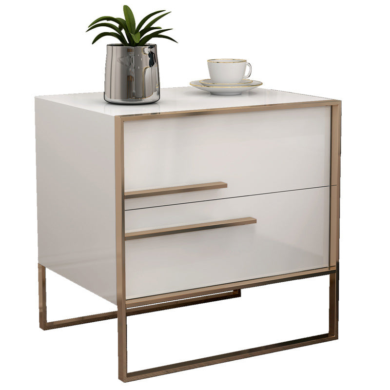 Modern Simplicity Cubic Solid Wood Stainless Steel Frame Nightstand 2-Drawer For Bedroom