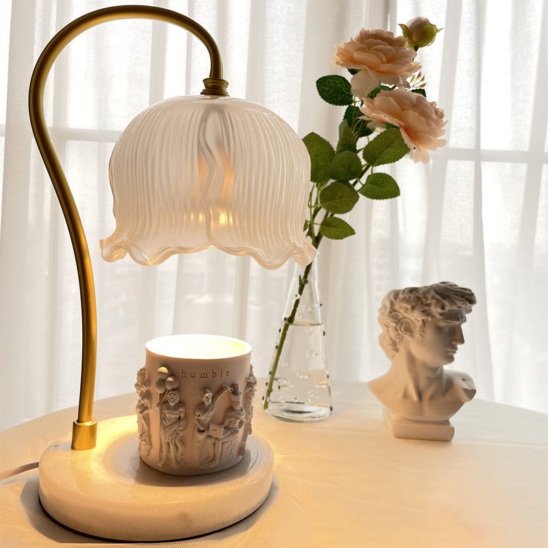 Modern Art Deco Flower Glass Shade Marble Base 1-Light Melting Wax Table Lamp For Bedroom