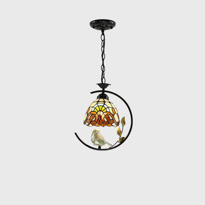 Traditional Tiffany Mediterranean Stained Glass Bird Decoration 1-Light Pendant For Living Room