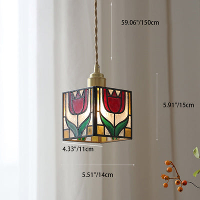 Traditional Tiffany Square Tulip Red Rose Rubik's Cube Brass Stained Glass 1-Light Pendant Light For Living Room