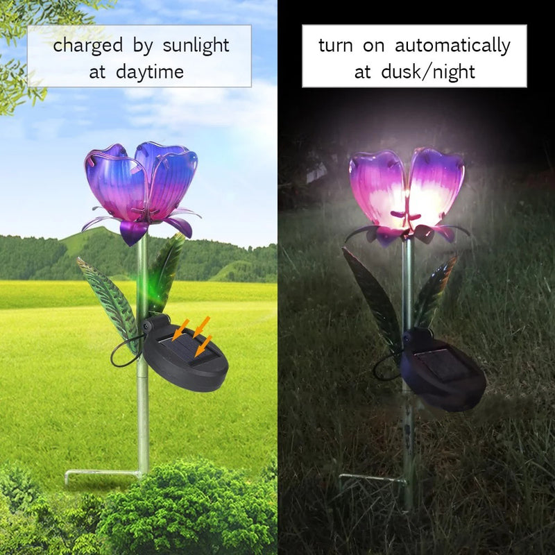 Modern Minimalist Solar Waterproof Flower Glass Iron LED Landscape Light For Garden