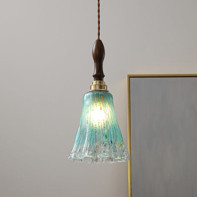 Lampe suspendue moderne et minimaliste à 1 lumière en bois de noyer et verre en forme de fleur 