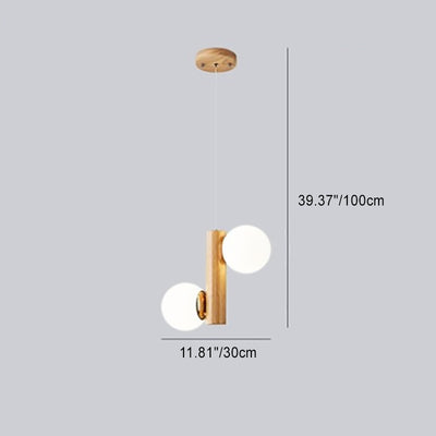 Modern Minimalist Orb Cylinder Iron Glass Oak Gum Wood 2-Light Pendant Light For Living Room