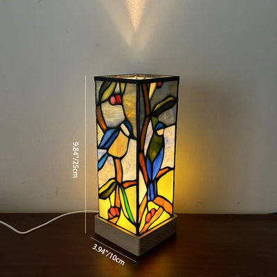 Modern Art Deco Rectangular Bamboo Wood Glass LED Table Lamp For Bedroom