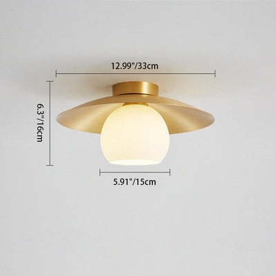 Contemporary Nordic Cream Round All Copper Glass 1-Light Semi-Flush Mount Ceiling Light For Hallway