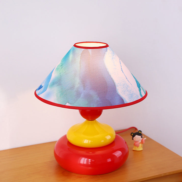 Traditional Vintage Iron Fabric Conic Round Pastel 1-Light Table Lamp For Bedside