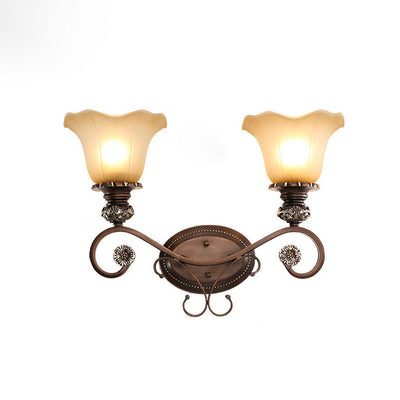 Traditional Rustic Frosted Glass Flower Shade Iron Resin 1/2 Light Wall Sconce Lamp For Bedroom