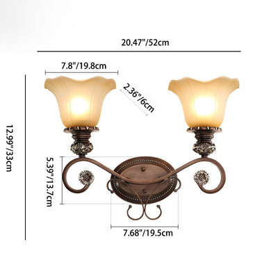 Traditional Rustic Frosted Glass Flower Shade Iron Resin 1/2 Light Wall Sconce Lamp For Bedroom