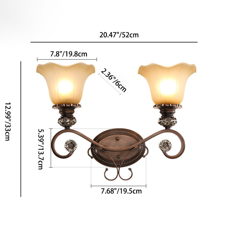 Traditional Rustic Frosted Glass Flower Shade Iron Resin 1/2 Light Wall Sconce Lamp For Bedroom