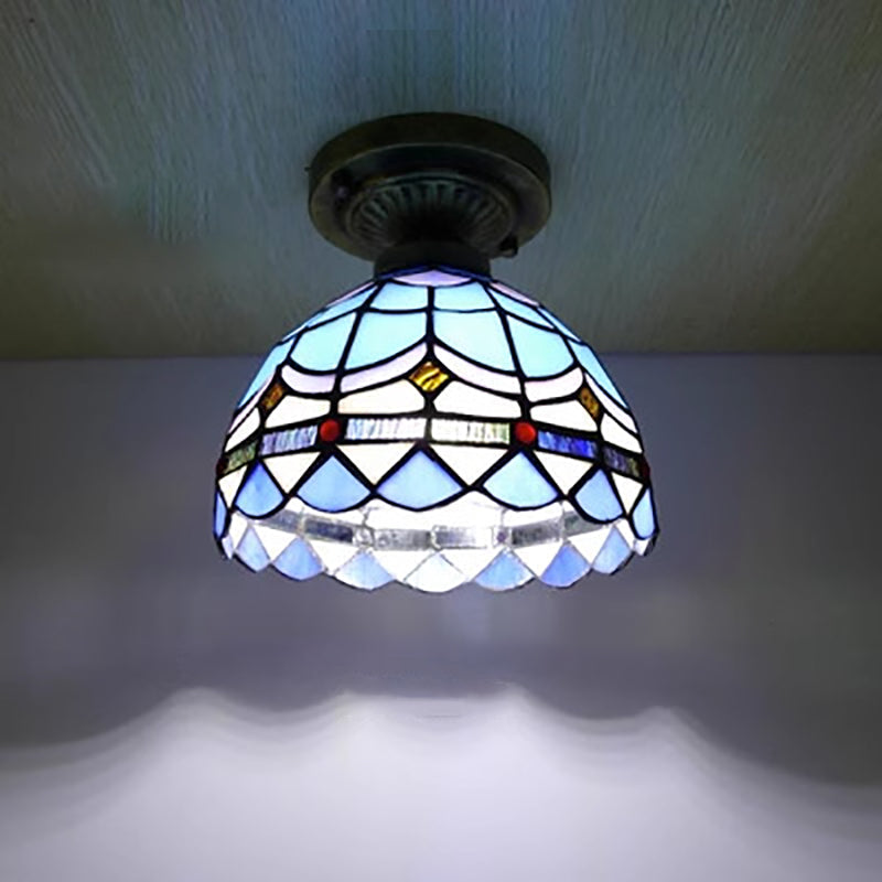 Traditional Tiffany Dome Iron Glass 1-Light Semi-Flush Mount Ceiling Light For Living Room