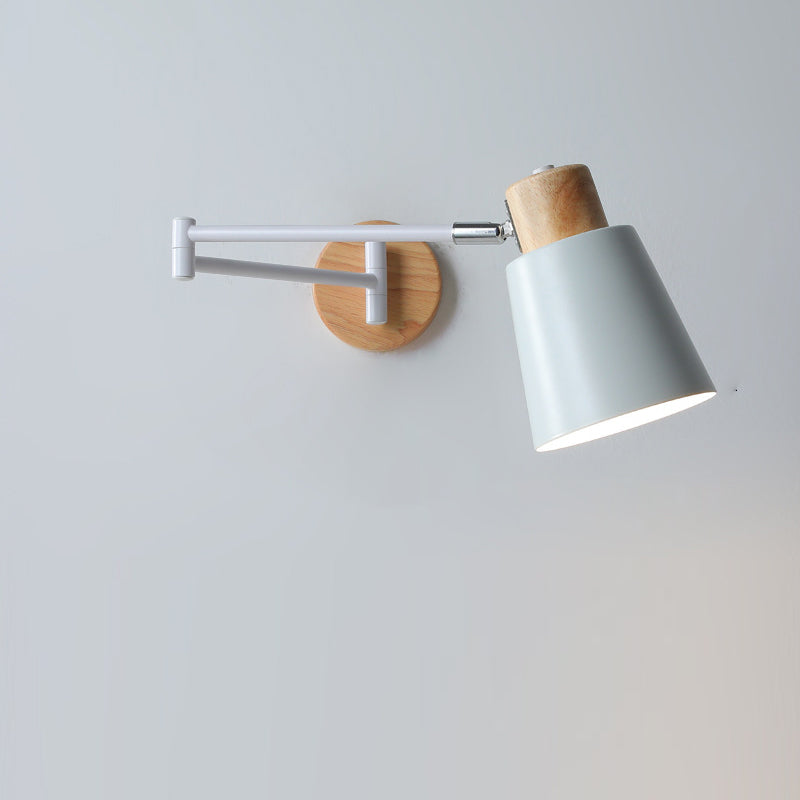 Modern Minimalist Swing Arm Retractable Cylinder Round Iron Solid Wood Glass 1-Light Wall Sconce Lamp For Bedroom