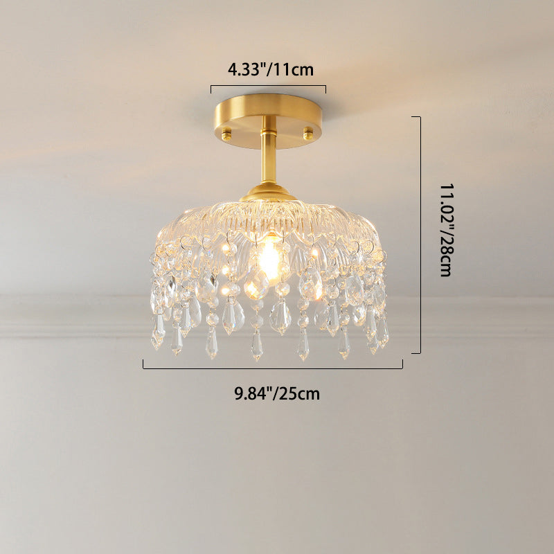 Traditional French Round Iron Copper Glass Crystal 1-Light Semi-Flush Mount Ceiling Light For Bedroom