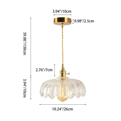 Traditional Japanese Brass Flower Glass Shade 1-Light Pendant Light For Living Room