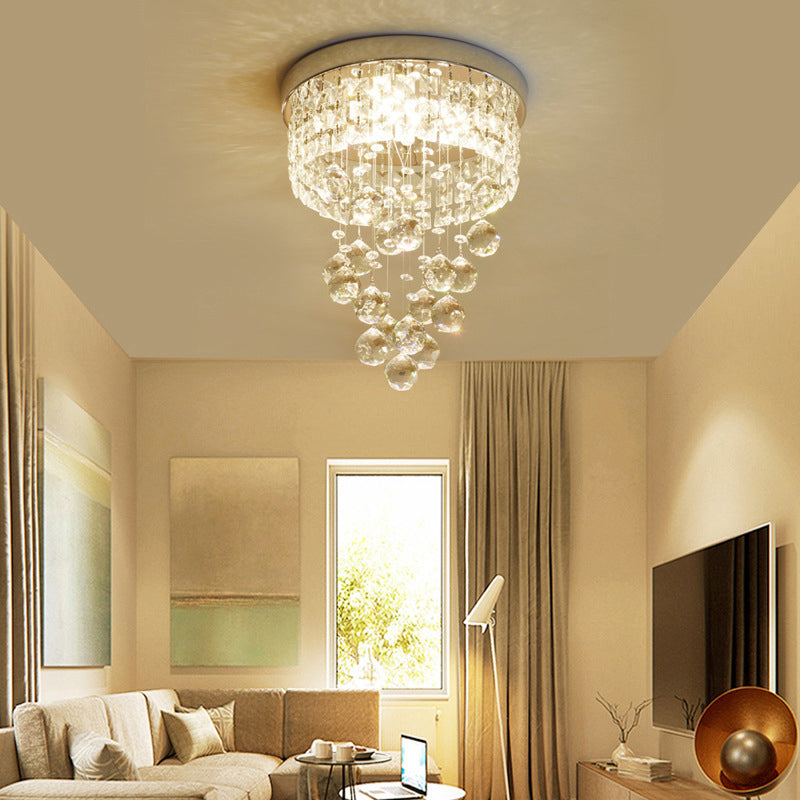 Traditional European Stainless Steel Crystal Round Pendant LED Flush Mount Ceiling Light For Hallway