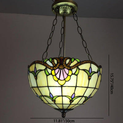 Traditional Tiffany Half Globe Floral Plaid Pattern Iron Glass 2-Light Pendant Light For Bedroom