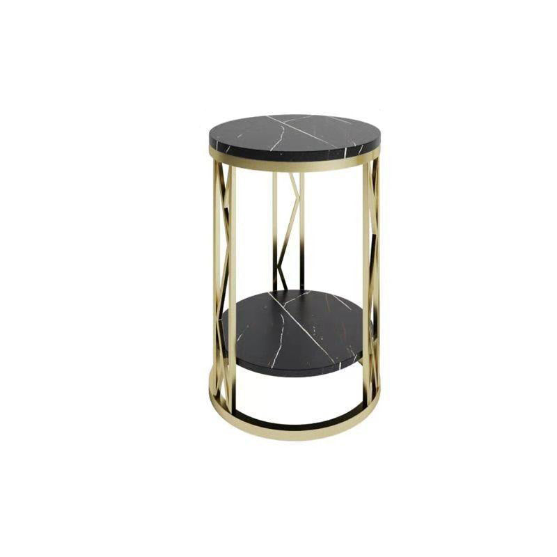 Modern Luxury Round Tabletop Iron Rock Slab Coffee Table 1-Shelf For Living Room