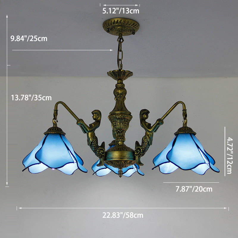 Traditional Tiffany Floral Iron Glass 3/5 Light Chandelier For Living Room