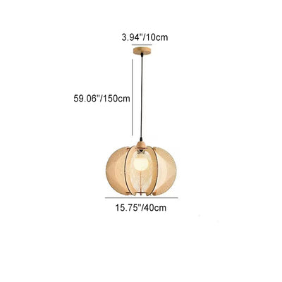 Traditional Japanese Pumpkin Round Twine Rope Wooden 1-Light Pendant Light For Bedroom