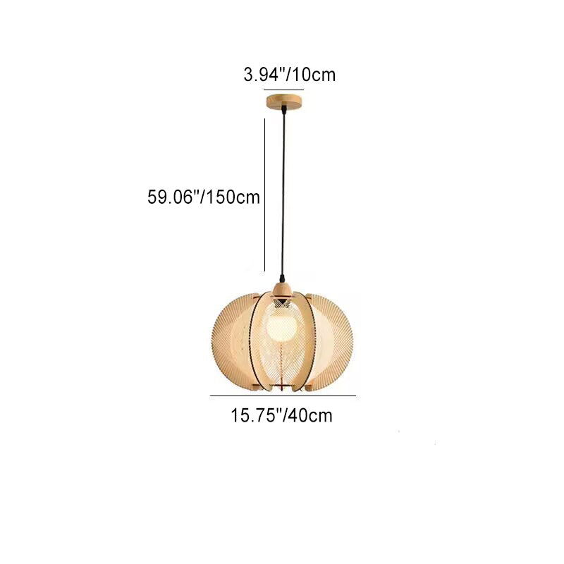 Traditional Japanese Pumpkin Round Twine Rope Wooden 1-Light Pendant Light For Bedroom