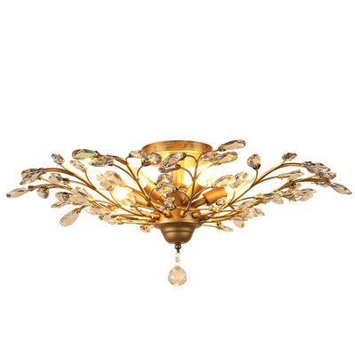 Traditional European Branch Iron Crystal 4/5/6 Light Semi-Flush Mount Ceiling Light For Living Room