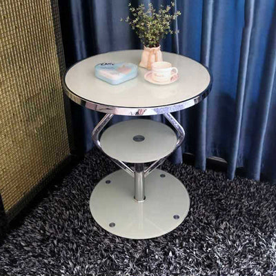 Contemporary Nordic Round Lozenge Glass Stainless Steel End Table 2-Tier For Living Room