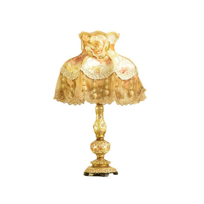 Contemporary Scandinavian Sculpted Floral Resin Iron Metal Fabric 1-Light Table Lamp For Bedroom