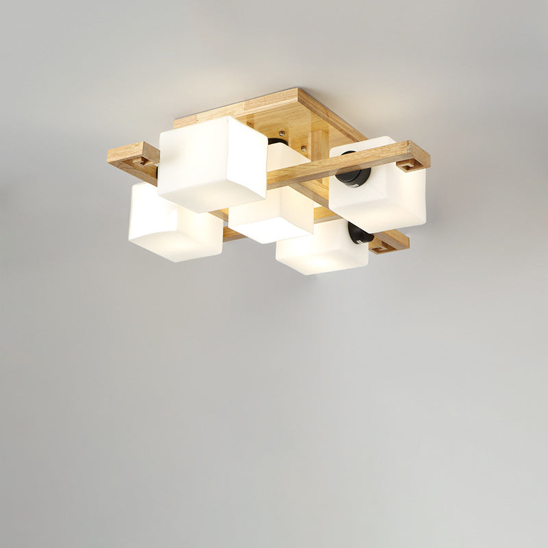 Traditional Japanese Wood Glass Cubic Square 4/5/8/9 Light Semi-Flush Mount Ceiling Light For Living Room