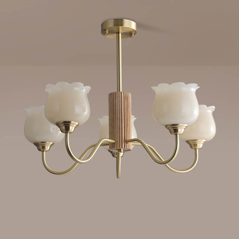 French Light Luxury Full Copper Wood Frame Bell Orchid Resin 5-Light Chandelier