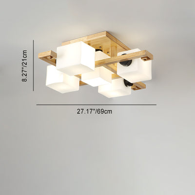 Traditional Japanese Wood Glass Cubic Square 4/5/8/9 Light Semi-Flush Mount Ceiling Light For Living Room