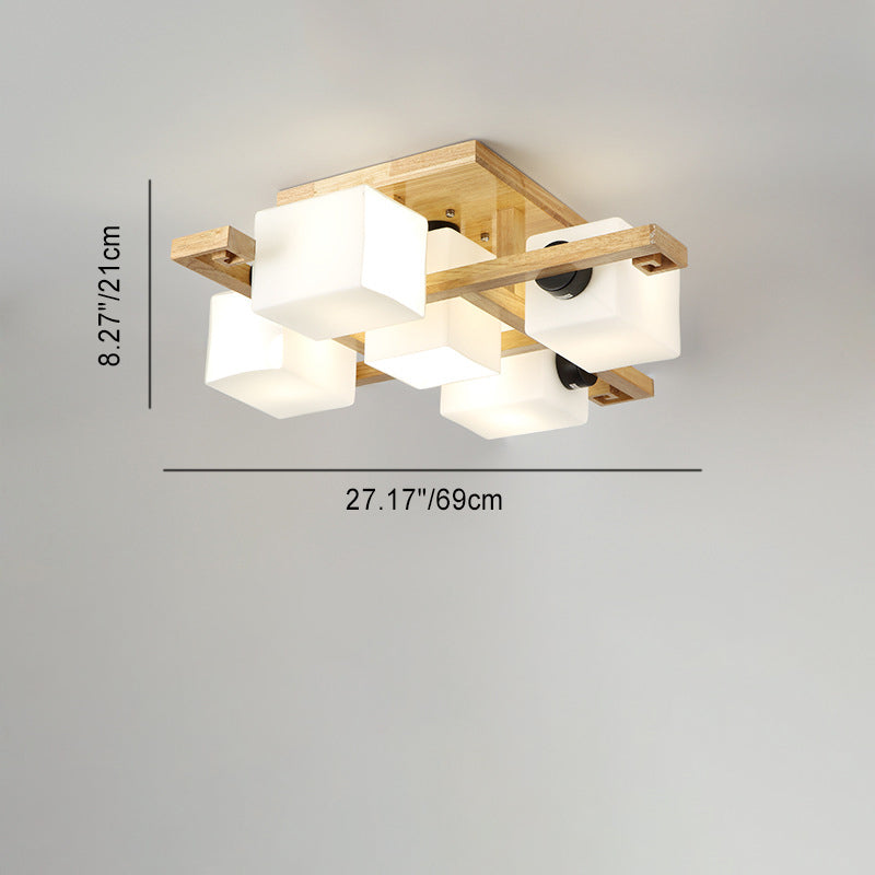 Traditional Japanese Wood Glass Cubic Square 4/5/8/9 Light Semi-Flush Mount Ceiling Light For Living Room