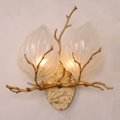 Contemporary Creative Copper Glass Leave Branch 1/2 Light Wall Sconce Lamp For Living Room