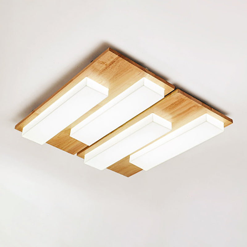 Traditional Japanese Acrylic Rectangular Block Combination Wood LED Flush Mount Ceiling Light For Bedroom