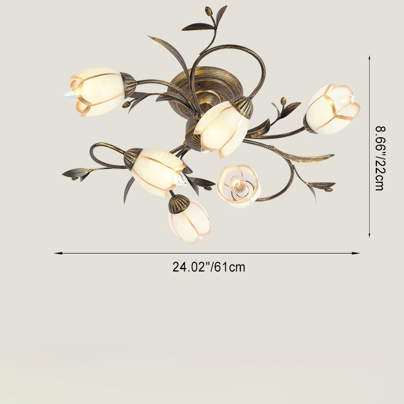 Traditional French Flower Shaped Iron Glass 4/6/8/10/12 Light Semi-Flush Mount Ceiling Light For Bedroom