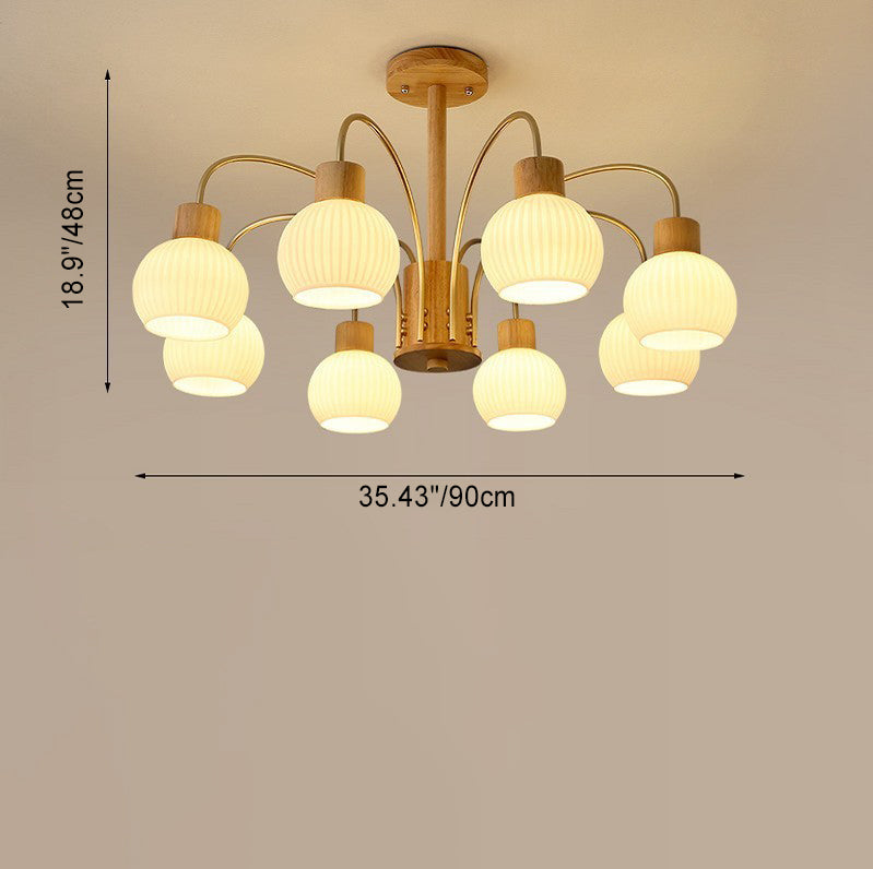 Modern Minimalist Branch Round Solid Wood Glass Hardware 6/8 Light Chandelier For Living Room