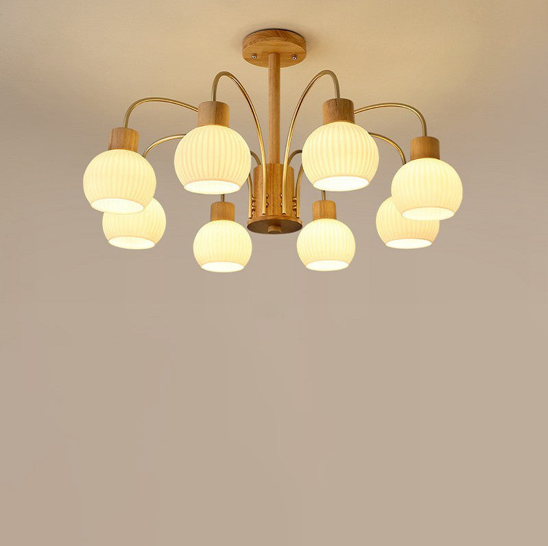 Modern Minimalist Branch Round Solid Wood Glass Hardware 6/8 Light Chandelier For Living Room