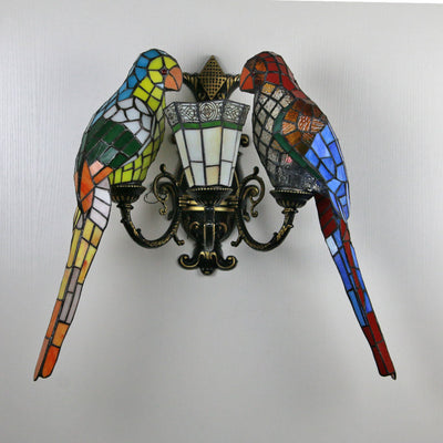 Traditional Tiffany Parrot Round Table Half Round Iron Glass 3-Light Wall Sconce Lamp For Living Room