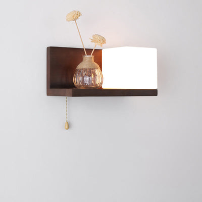 Modern Minimalist Rectangular Square Shelf Wood Glass 1-Light Wall Sconce Lamp For Bedroom