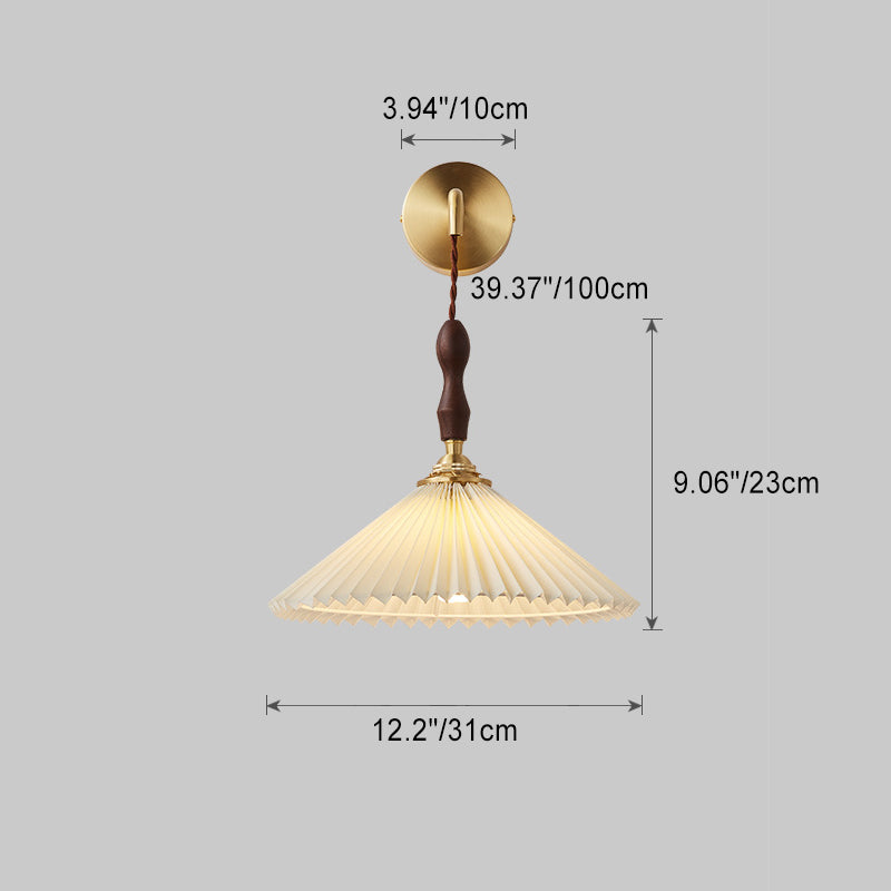 Traditional Japanese Copper Walnut Fabric Ceramic Conic Pleated 1-Light Wall Sconce Lamp For Bedside