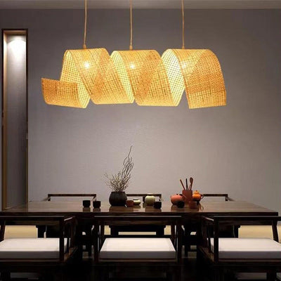 Traditional Japanese Bamboo Weaving Ribbon Shape 2/3-Light Chandelier For Dining Room