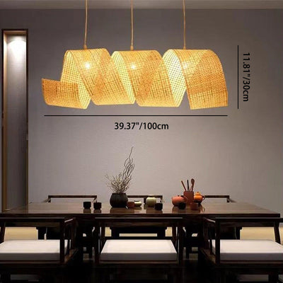 Traditional Japanese Bamboo Weaving Ribbon Shape 2/3-Light Chandelier For Dining Room